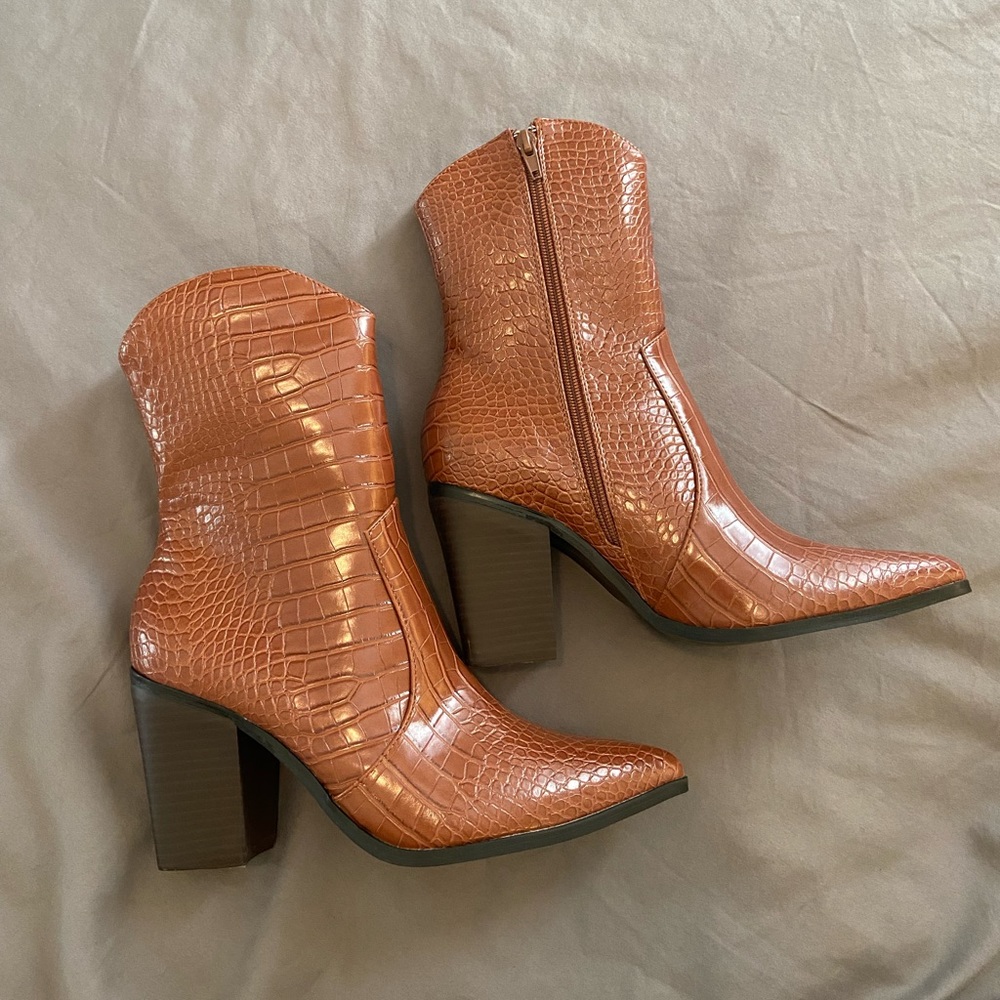 Brown croc mid calf bootie